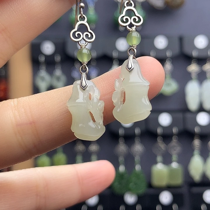 和田玉耳饰银S925镶嵌