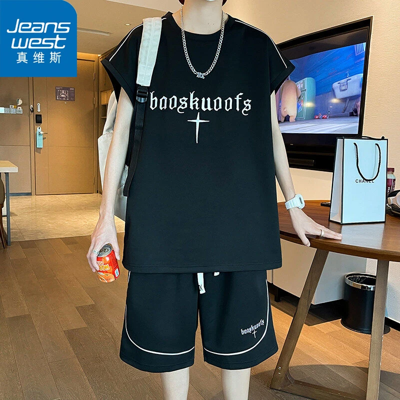 Jeanswest/真维斯学院风无袖背心套装男生整套装T恤短裤两件套潮