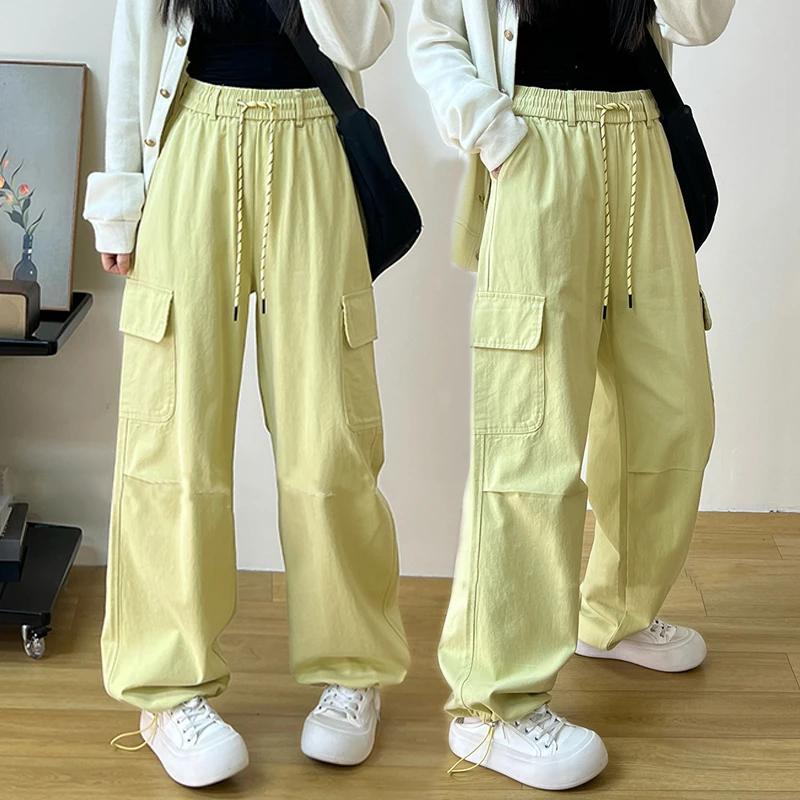 2025早春美式复古工装裤女黄色口袋宽松百搭上班休闲裤显瘦束脚裤