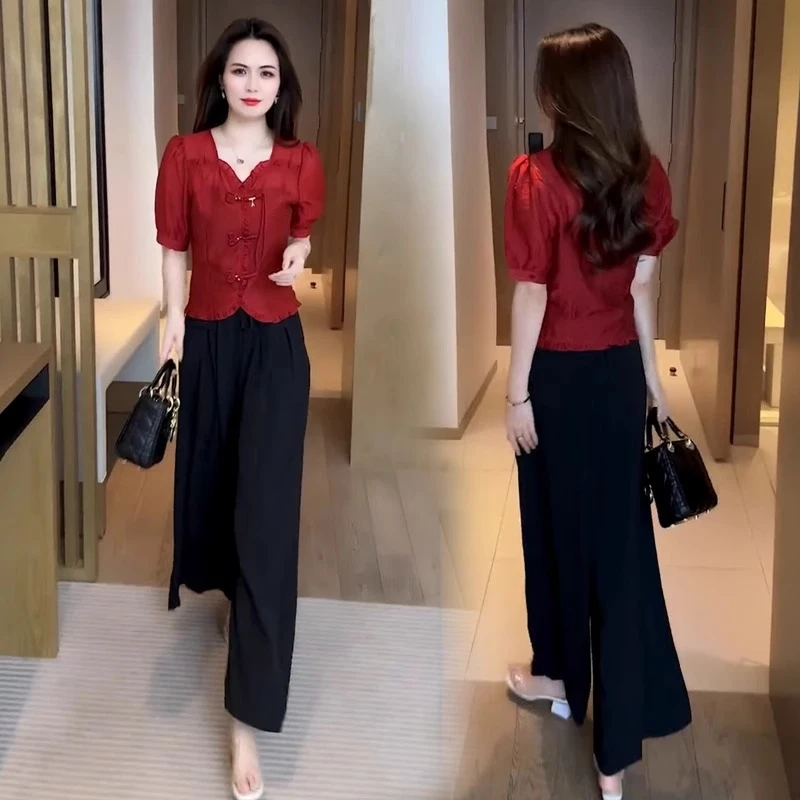 时尚洋气套装女2025夏季新款气质短款雪纺衫垂感阔腿裤显瘦两件套