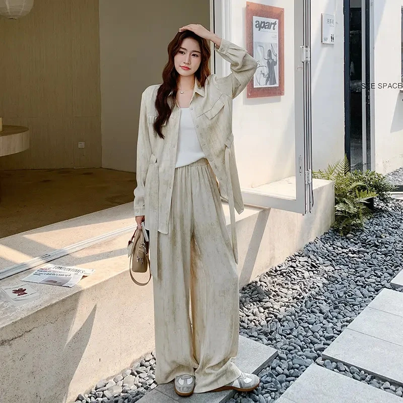 慵懒风晕染衬衫阔腿裤套装女2025秋季新款法式轻熟气质穿搭两件套