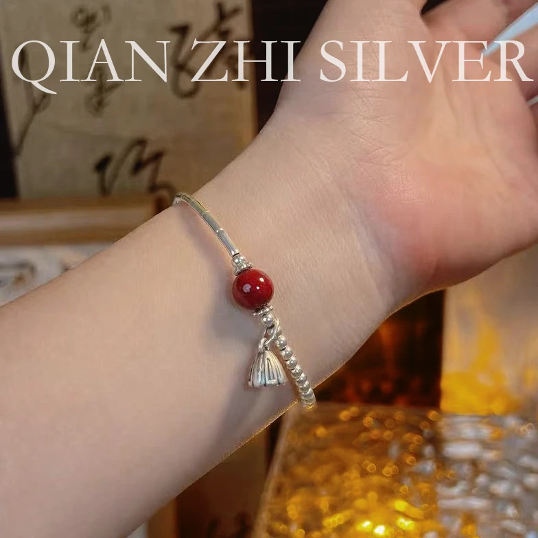 含辰砂工艺品纯银手链莲花竹节莲蓬设计款温柔百搭女生款礼物