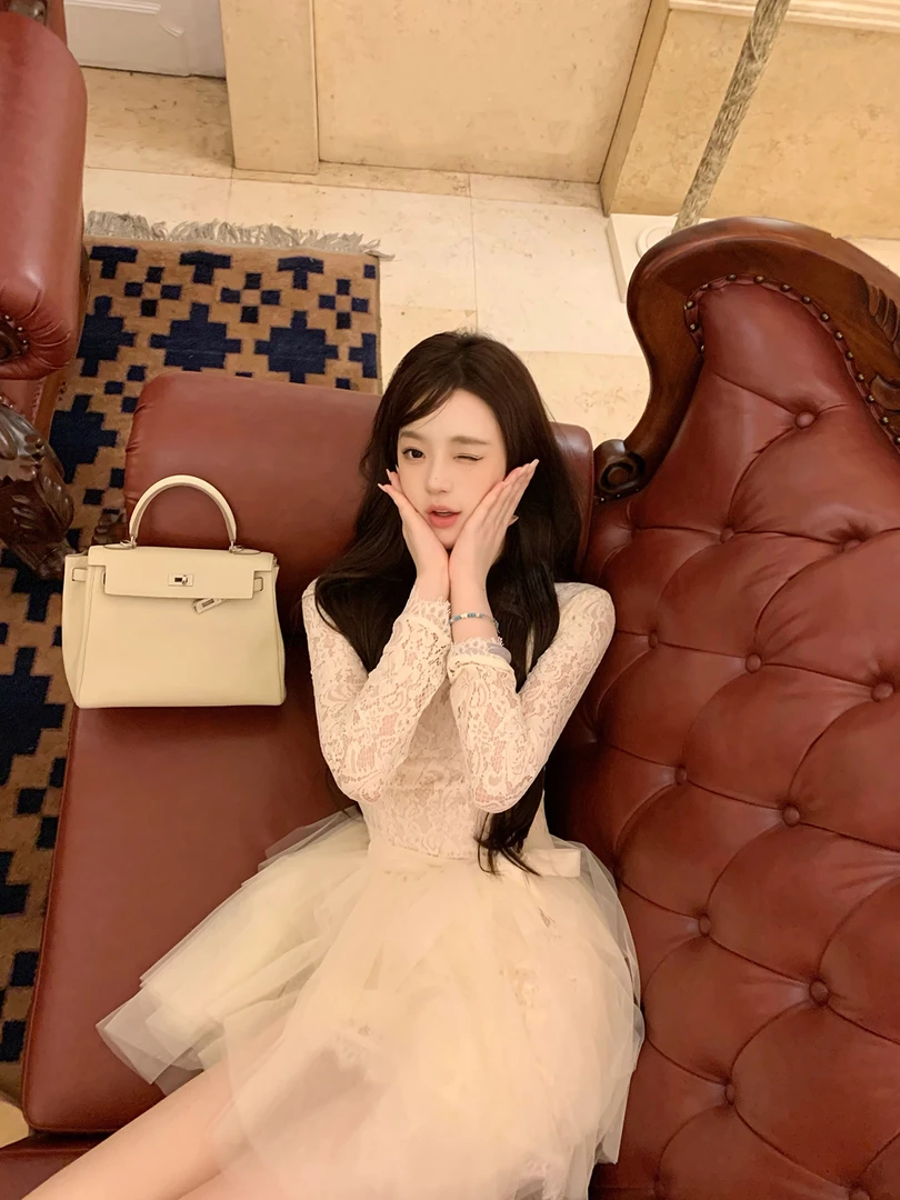 【柔纱影梦】2025秋季新款高级感甜美温柔气质蕾丝长袖连衣裙套装女