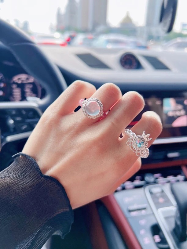 合金锆石戒指 天然石水晶串珠设计款戒圈手工