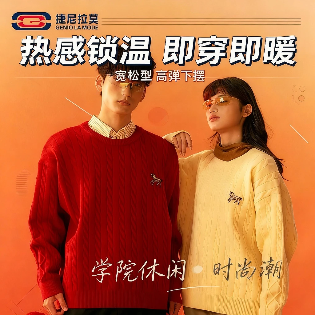 【敖瑞鹏代言】捷尼拉莫情侣绒衣秋冬保暖针织套头学院风时尚毛衣潮