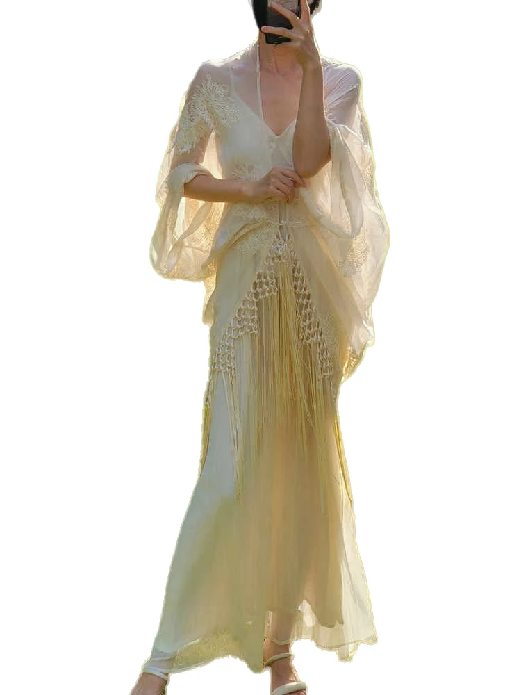 大码胖mm复古风中式吊带连衣裙两件套国风套装女新中式开衫上衣潮