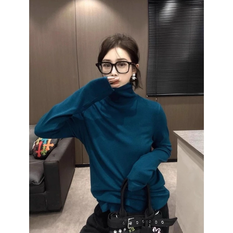 蓝色高领德绒内搭打底衫女秋冬季堆堆领修身短款磨毛长袖t恤上衣