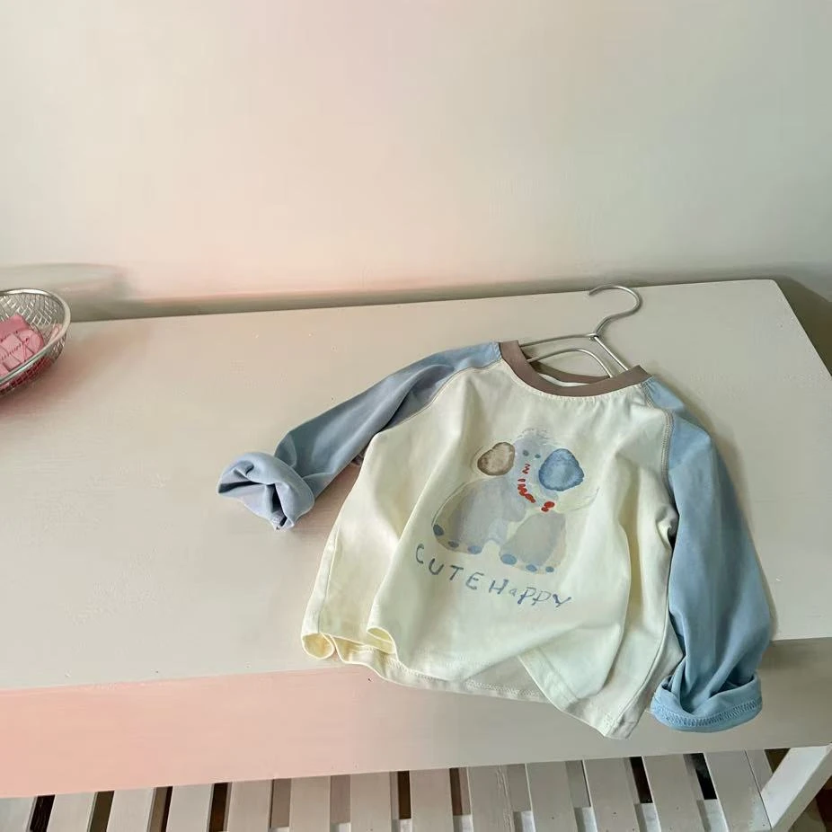 春款新款高货纯棉水系晕染卡通拼接款长袖打底T恤