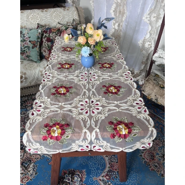 ZN007-136六角网纱【60*145】 红牡丹毛巾绣桌布茶几布多功能盖巾