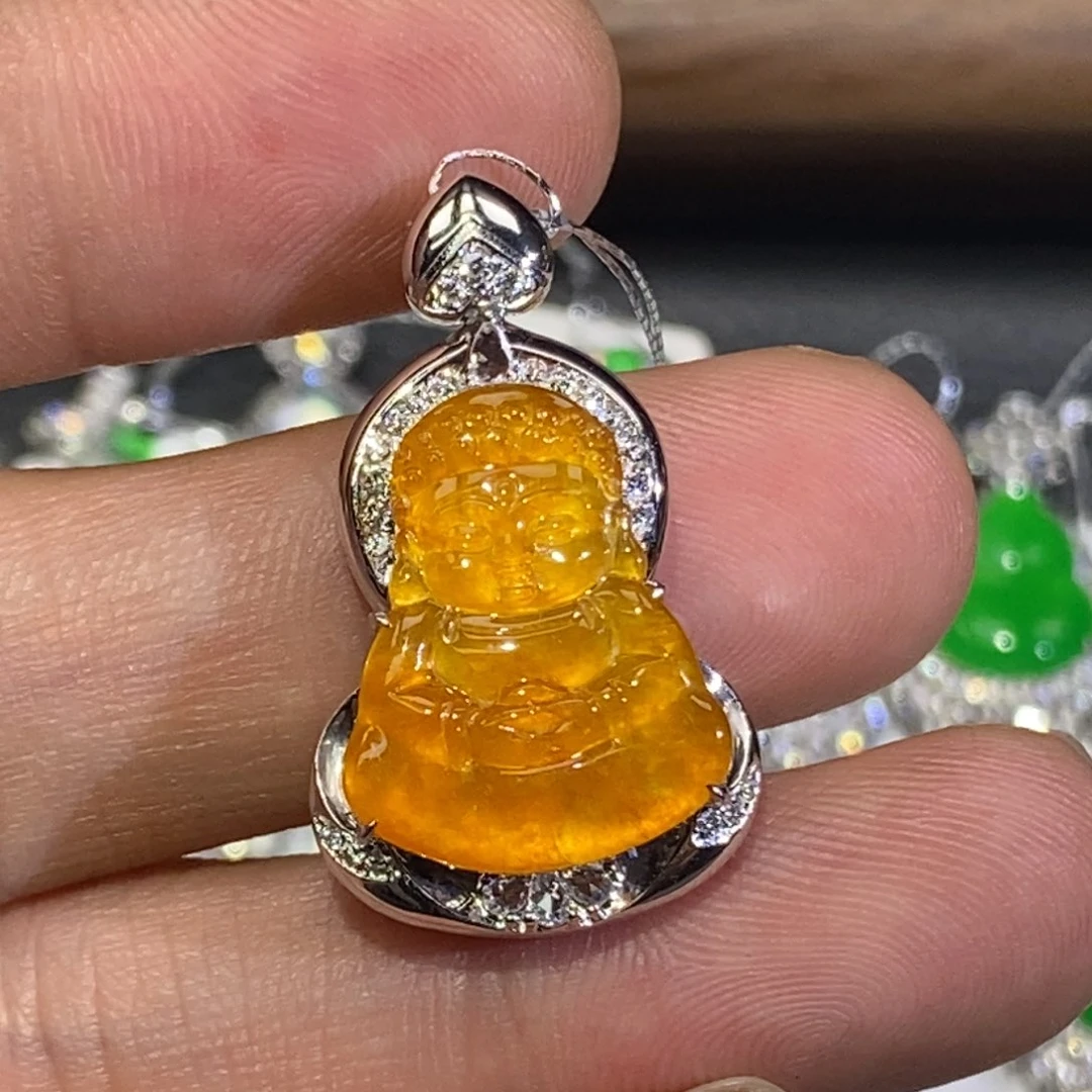 翡翠18K金镶嵌吊坠(不含链)高冰黄翡佛