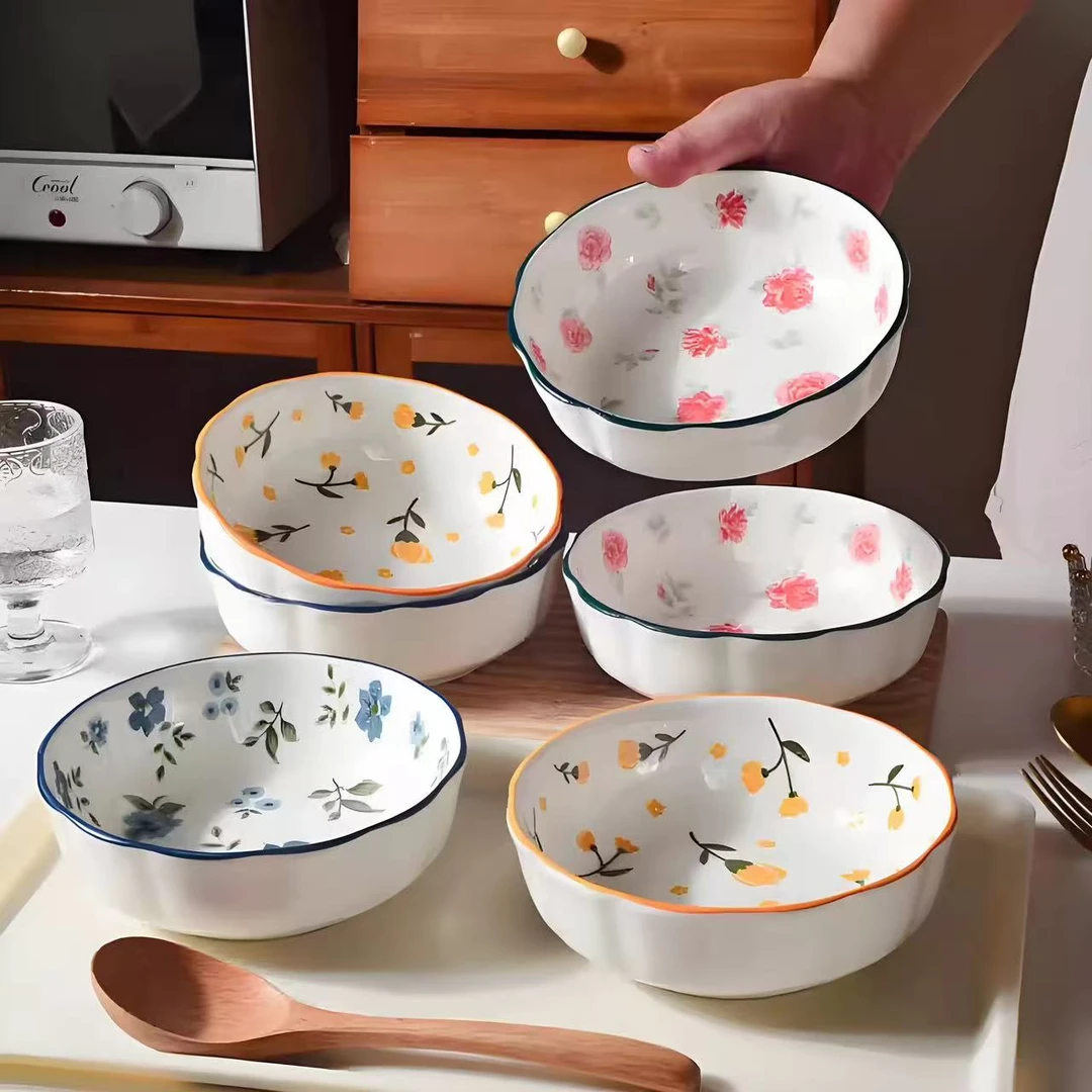 6英寸菜碗ins风酸奶碗高颜值釉下彩家用陶瓷儿童碗甜品碗沙拉碗LQ