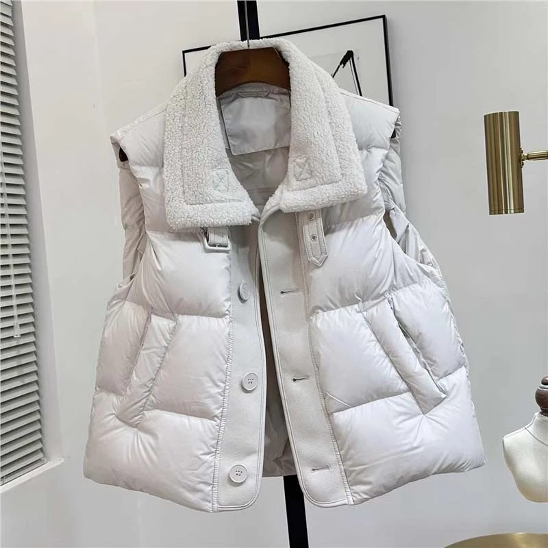 2025秋冬季新款女士加厚设计感马夹拼接羊羔毛翻领马甲背心
