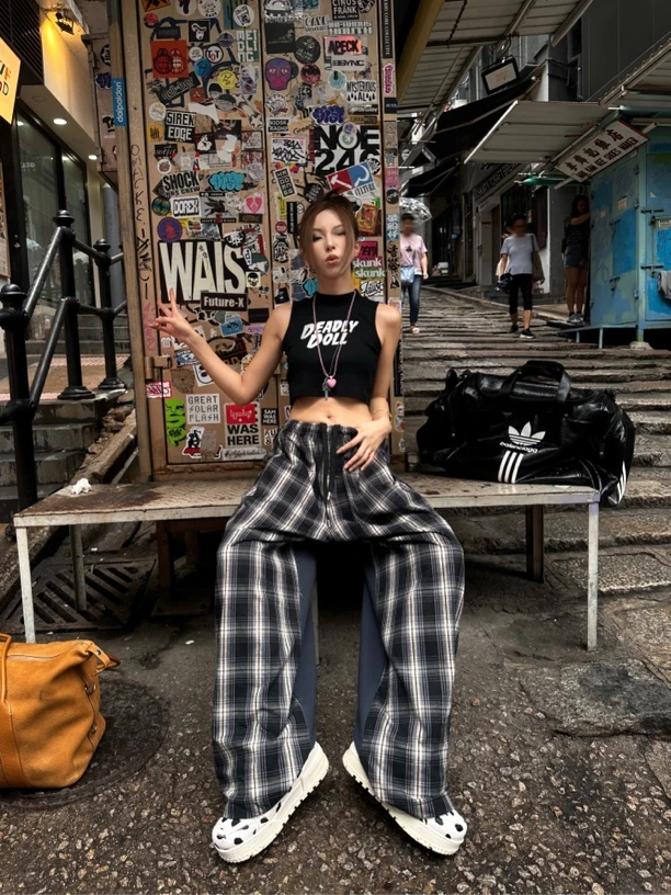 现货巴黎风拼接格子休闲阔腿裤学院风格子薄款清冷新中式棋盘格