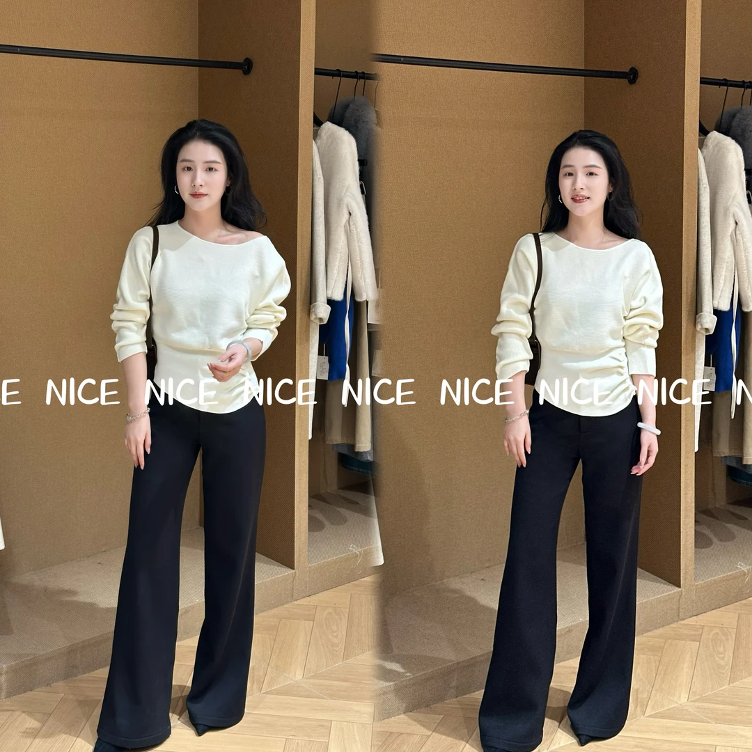 NICE【掐腰褶皱上衣】毛针织衫长袖套头针织秋季百搭针织衫