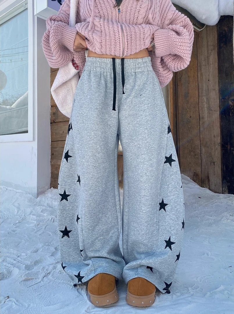 美式复古撞色星星印花加厚卫裤女爵士舞嘻哈松弛感宽松阔腿弯刀裤