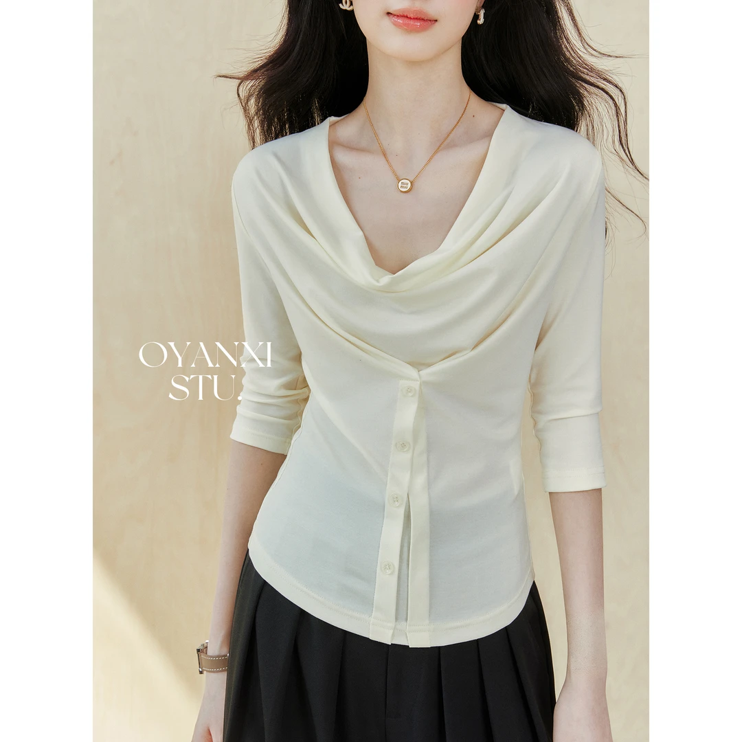 【OYANXI！清清！】云纱海烟法式杏色荡领长袖T恤女夏季新款上衣