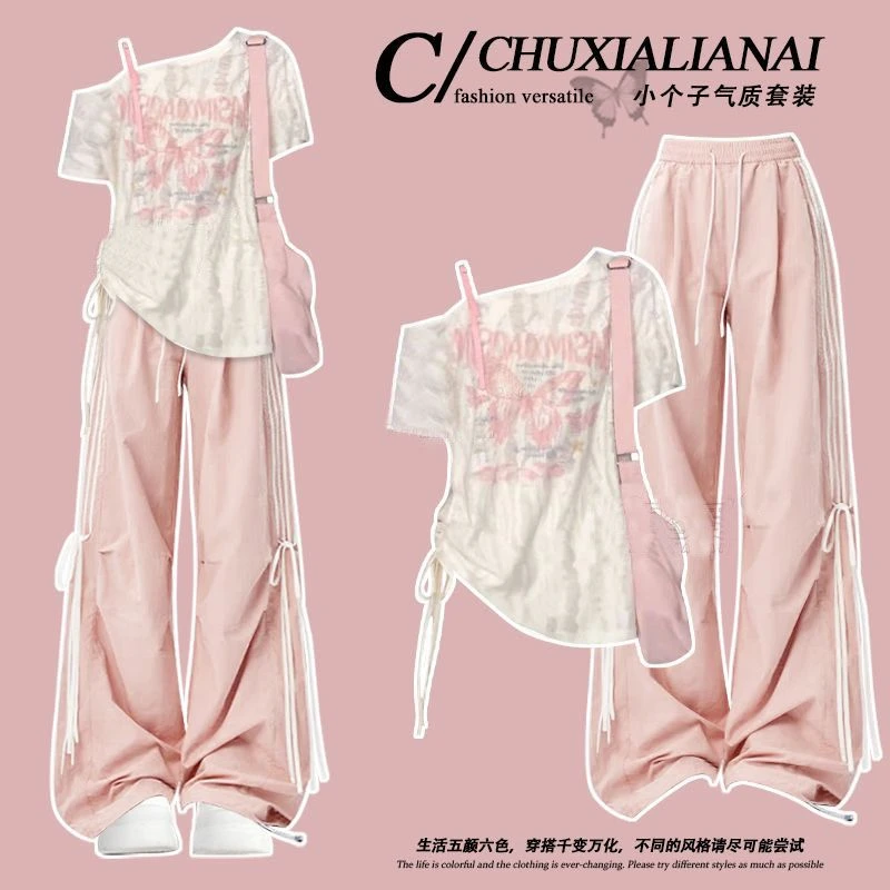 多巴胺chic甜辣穿搭粉色短袖t恤女装2025年夏季新款美式斜肩上衣