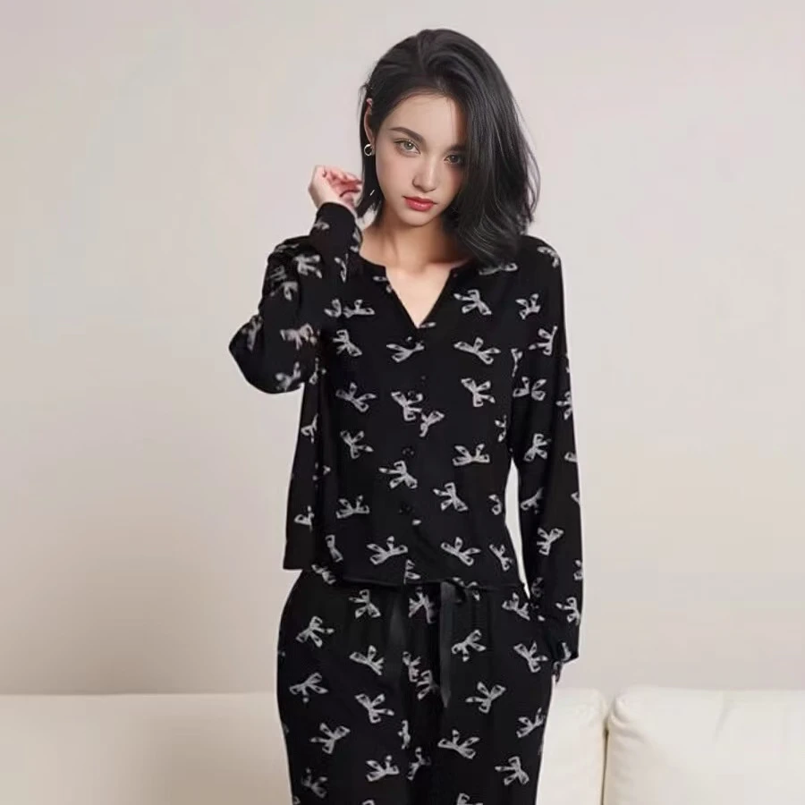 韩系时尚新款代尔棉春秋季睡衣女V领长袖开衫家居服可外穿套装
