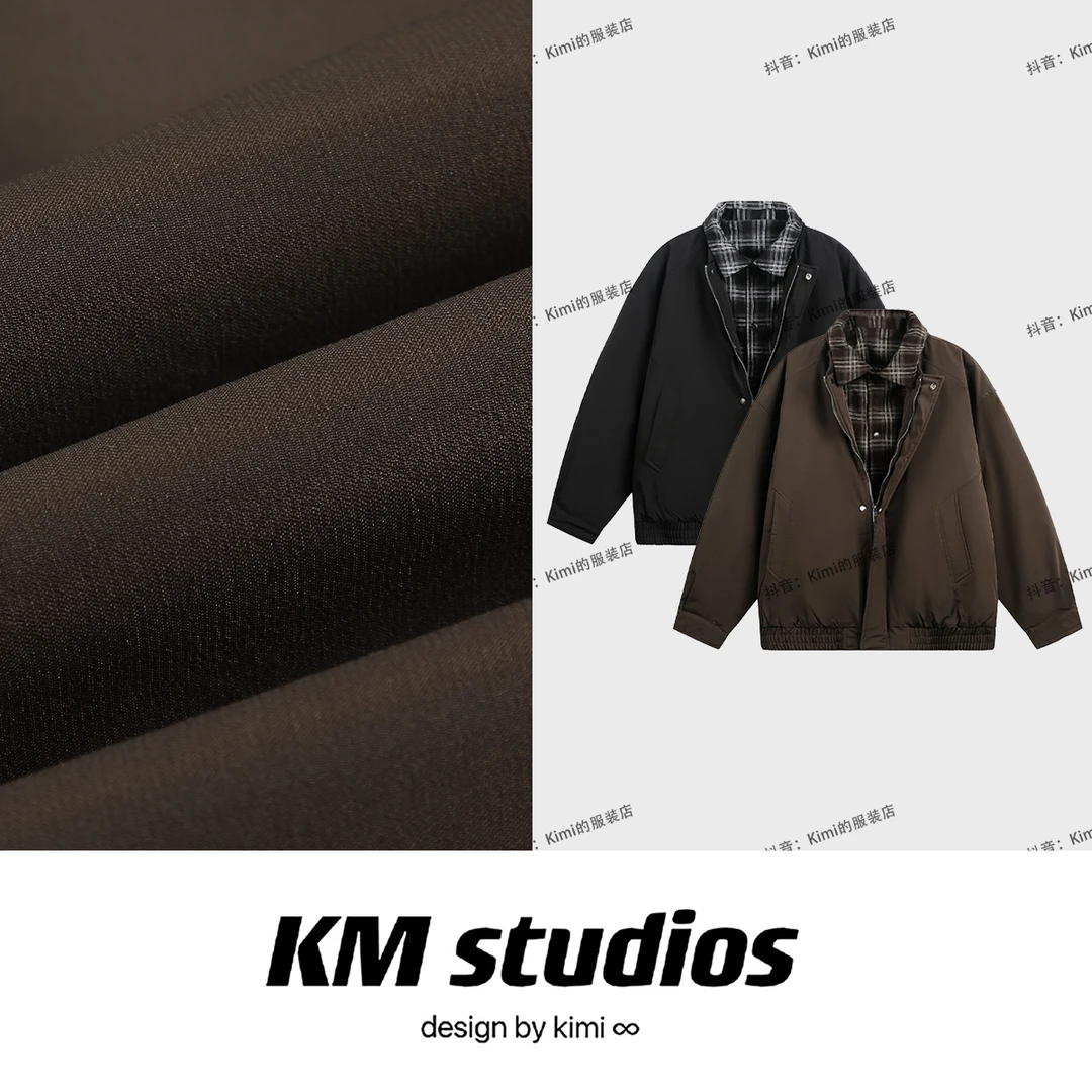 KM studios 秋冬新款拼接假两件格纹翻领夹克宽松休闲外套加厚