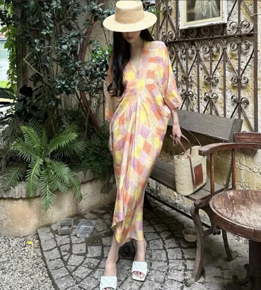 【杨柳依依】方块度假海边格子V领连衣裙长裙LSQ234831