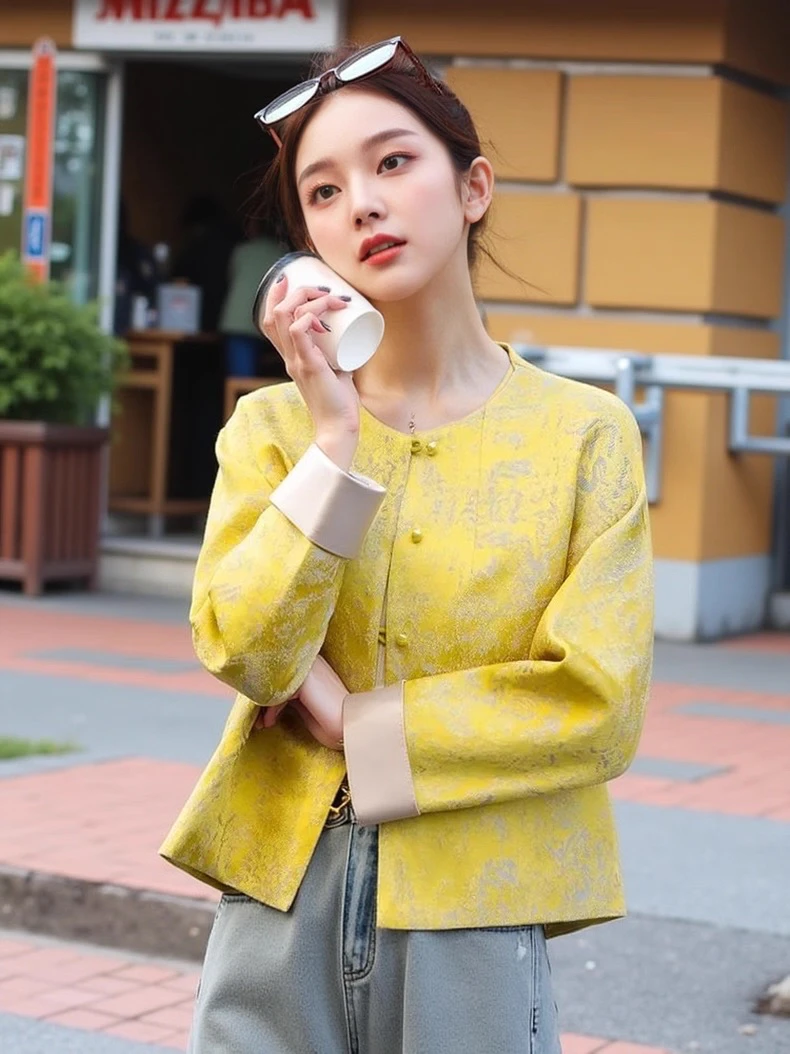 判姐同款国风黄色花纹外套