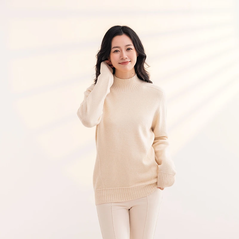 织鱼2024无缝加厚半高领亲肤时尚纯色百搭套头宽松休闲洋气针织衫