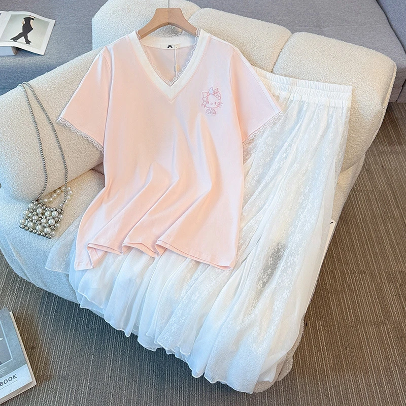 【66946】130-350斤大码女装胖mm蕾丝V领短袖T恤高腰半身裙夏季新款