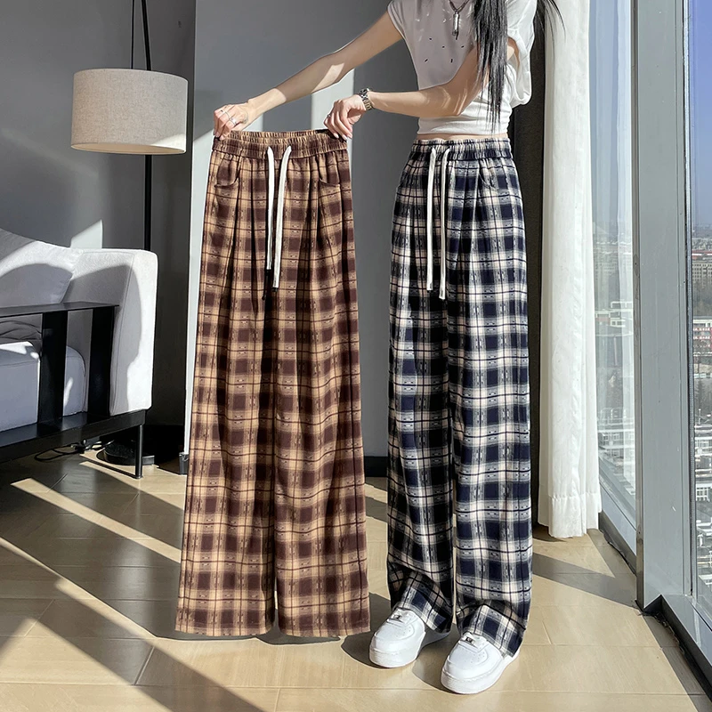 2015春夏百搭格子阔腿女长裤高腰时尚垂感显瘦直筒休闲裤大码