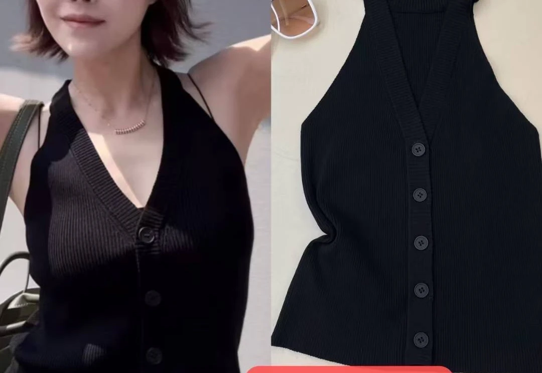 085法式辣妹风吊带法式黑色挂脖背心修身洋气