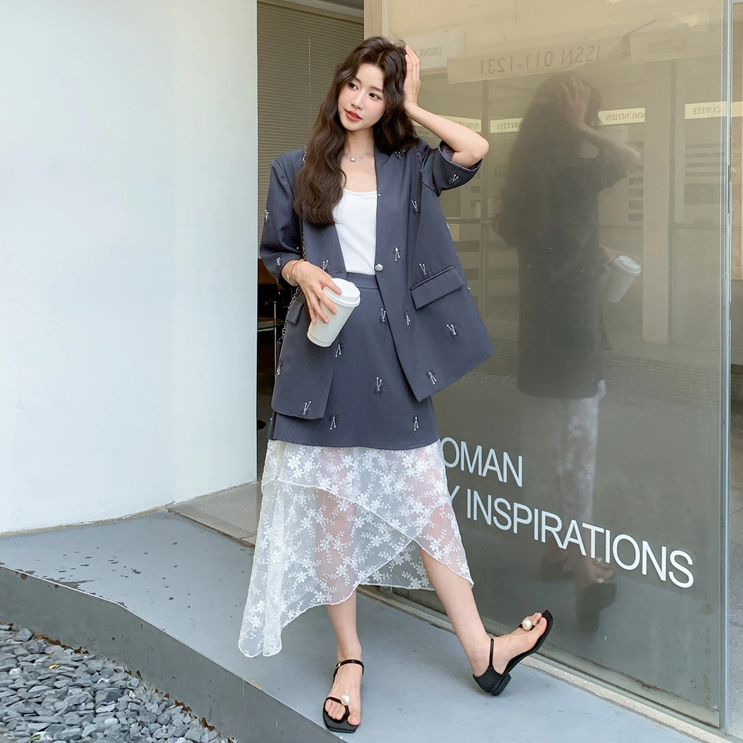 2025夏季休闲西装套装裙女钉珠短袖西服外套假两件拼蕾丝裙两件套
