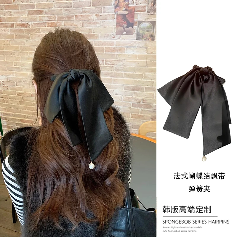温柔法式飘带黑色蝴蝶结缎面弹簧夹半扎碎发夹子新款简约时尚发饰