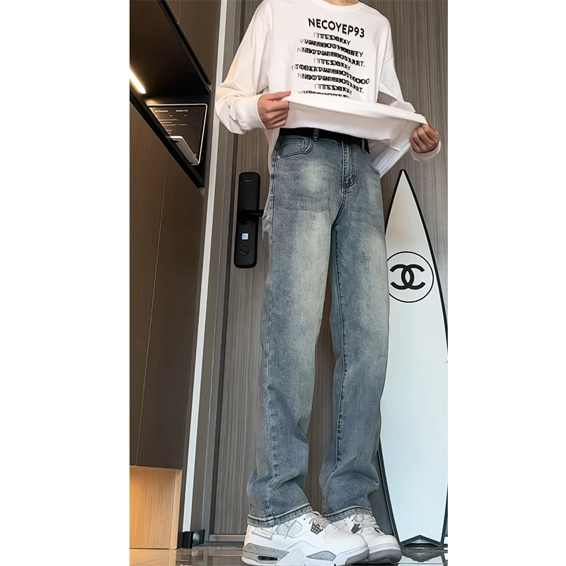 美式复古浅蓝色牛仔裤男生2025新款潮牌高街微宽松直筒休闲长裤子