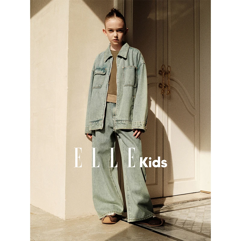 ELLE KIDS 复古工装牛仔外套女童秋季新款水洗棉上衣+牛仔裤Q1