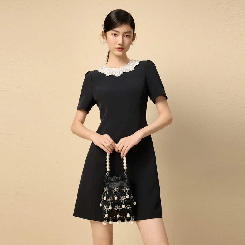 LIME/莱茵【寻觅】夏季醋酸肌理感梭织连衣裙夜幕黑色LDGB4BWOP826