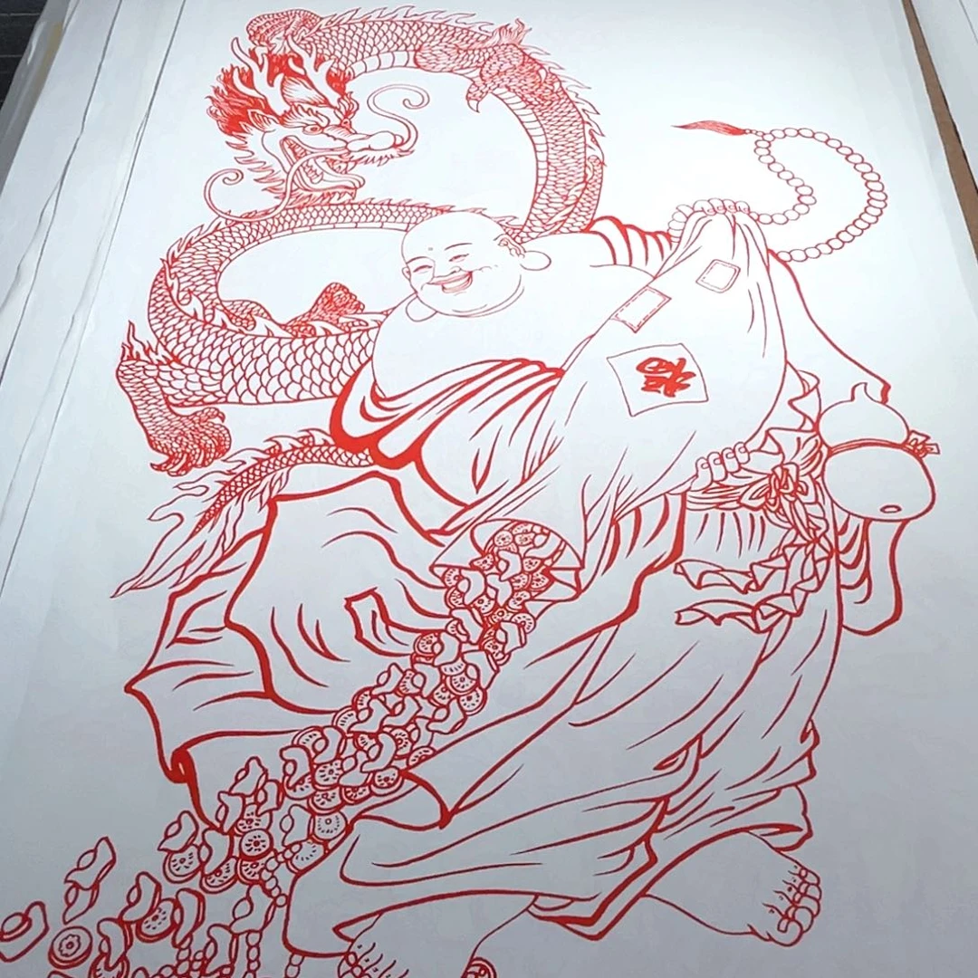 国画朱砂弥勒佛作品