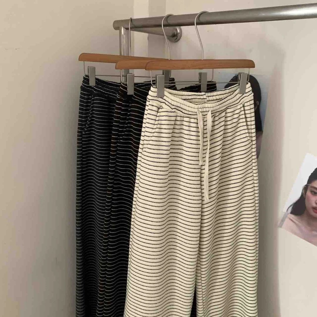 恩熙·韩版新款条纹加绒加厚阔腿裤垂感显瘦9825