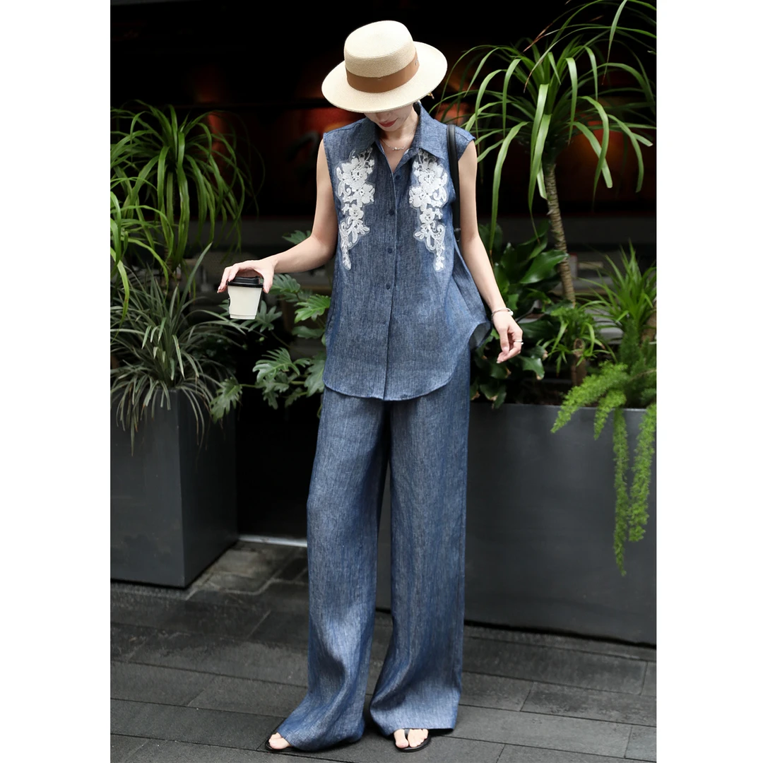 老钱风松弛感时尚套装女夏季宽松牛仔亚麻刺绣衬衫阔腿长裤两件套