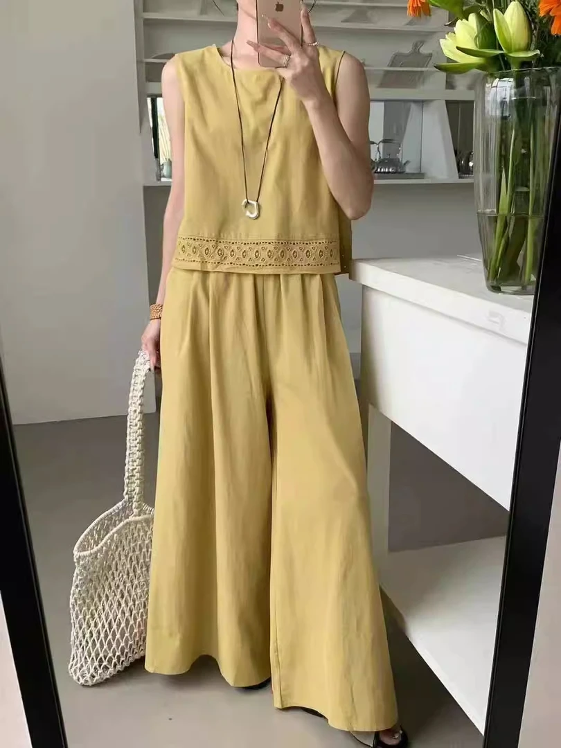 2025夏新款韩版时尚百搭显瘦蕾丝拼接背心+松紧腰阔腿裤两件套女