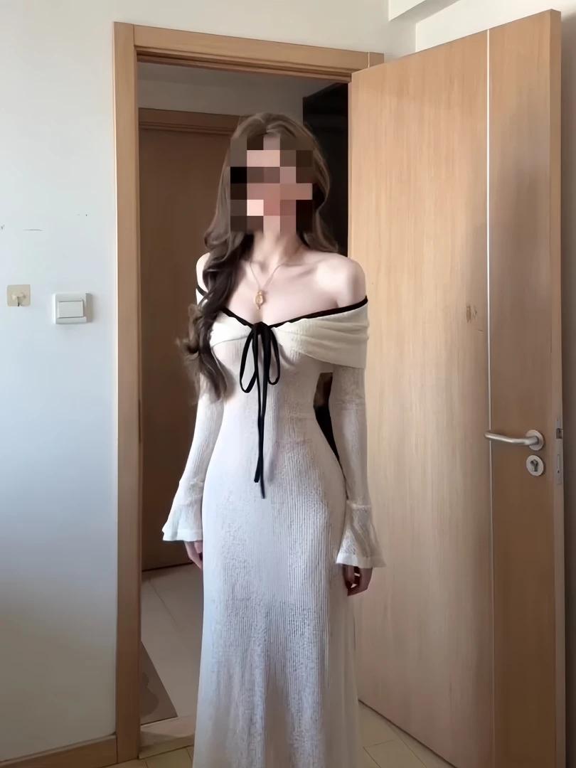 白色蝴蝶结一字肩长袖连衣裙女早秋季辛苦啊纯欲风收腰包臀长裙子