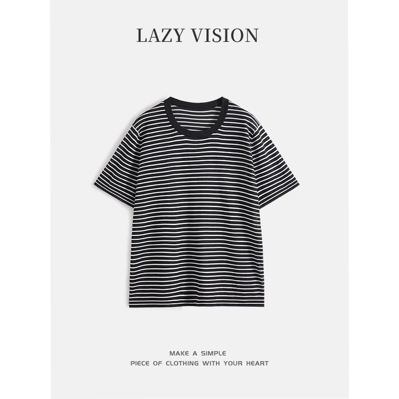 LAZYVISION【花开半夏】18针白蚕丝条纹清凉透气圆领T恤ZMD-28026