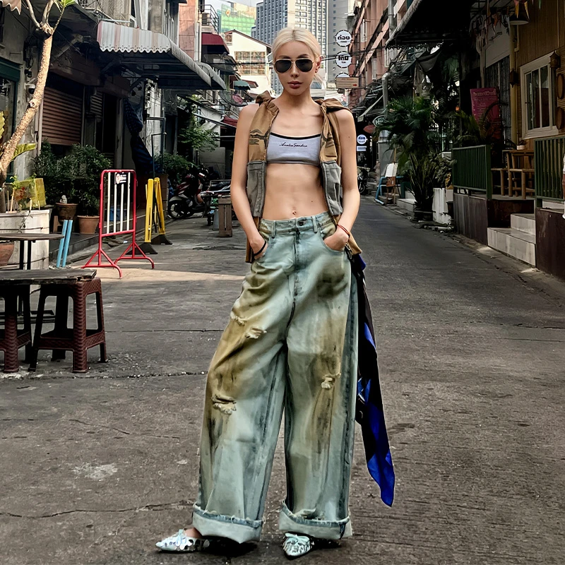 EXPAPARICH Dirty Fit破坏感做旧脏脏阔腿裤- Distressed Jeans