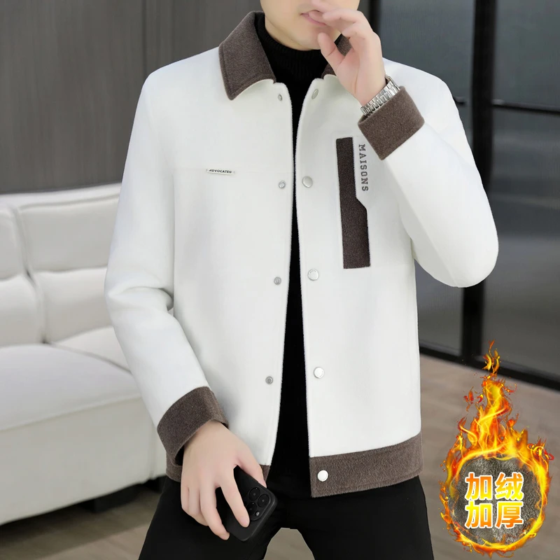 2025新款男士毛呢男装时尚帅气拼色外套上衣男加绒加厚夹克外套男
