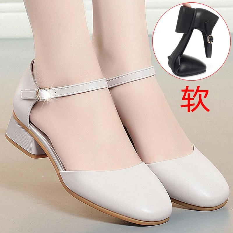 真皮软底中空包跟包头凉鞋女低跟工作鞋圆头女士皮鞋单鞋女鞋夏季