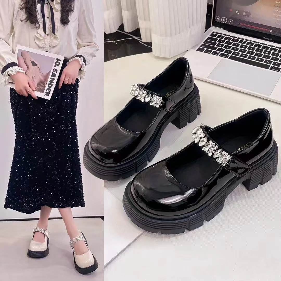 厚底玛丽珍鞋粗跟2025春季新款法式增高单鞋复古浅口配裙子小皮鞋