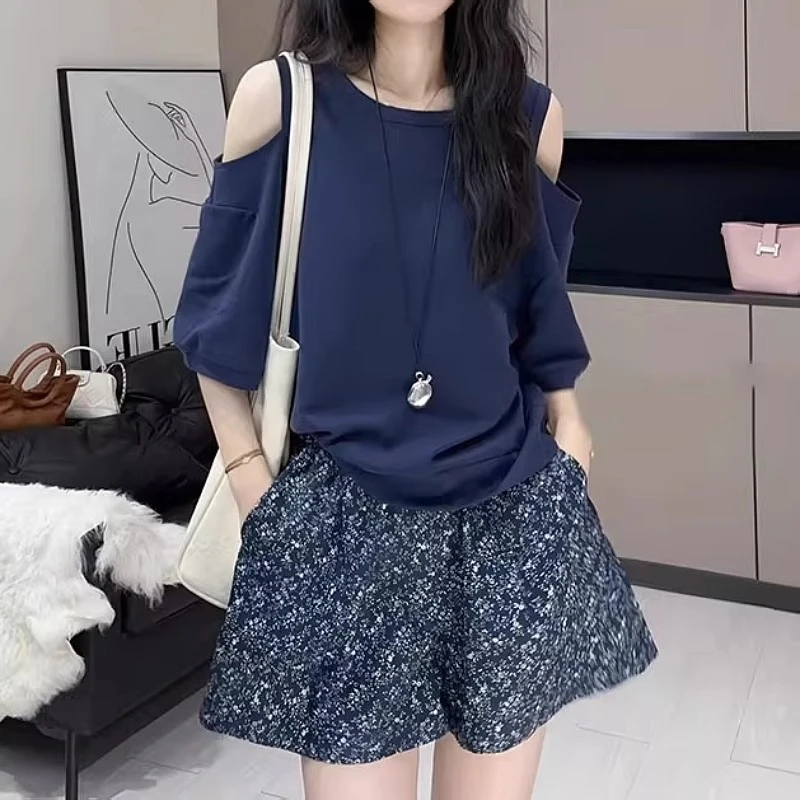 高级感露肩短袖T恤夏季薄款胖MM大码女装遮肚藏肉洋气百搭上衣女