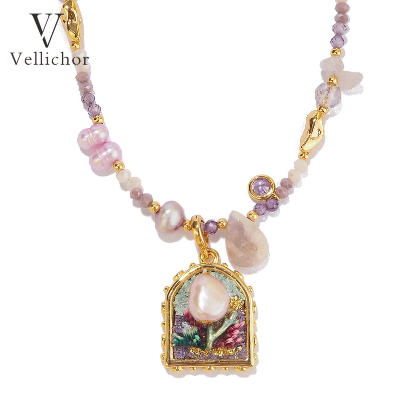 铜合金项链 法式浪漫郁金香万能扣紫色项链油画画框项链万能多用