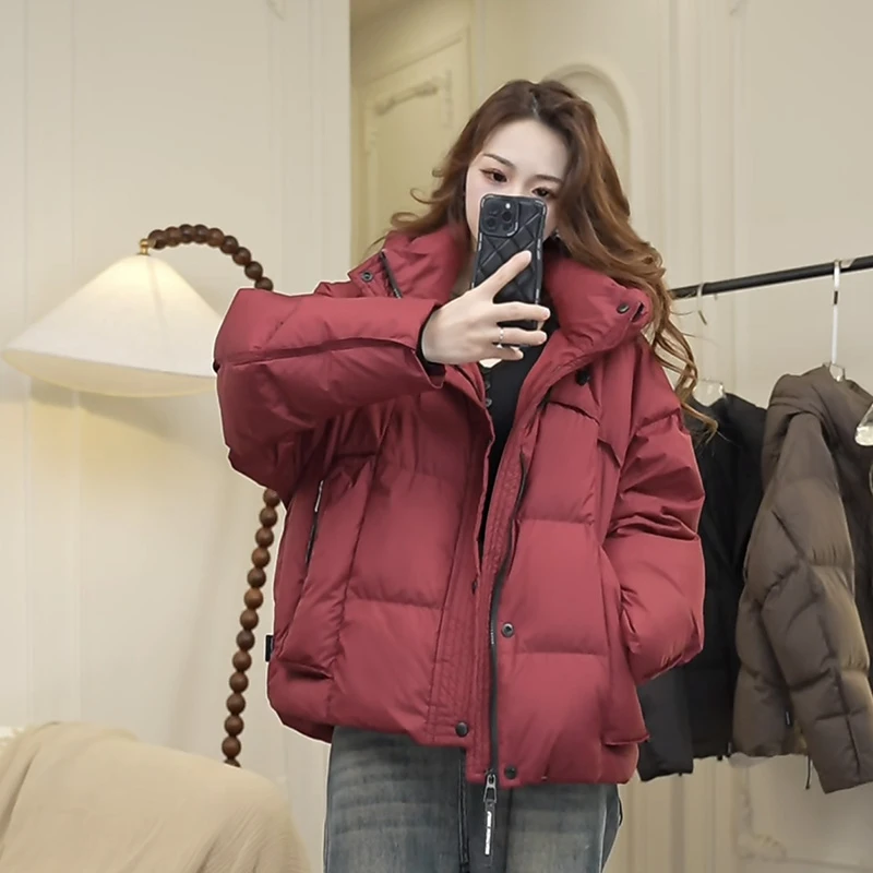 百搭休闲拉链包包服羽绒服女冬季连帽韩版外套短款加厚宽松