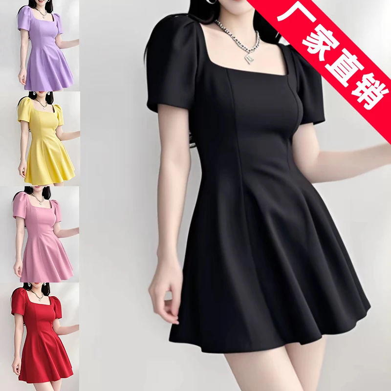 2025新款A字显瘦吸汗透气短裙夏季方领连衣裙时尚法式收腰泡泡袖