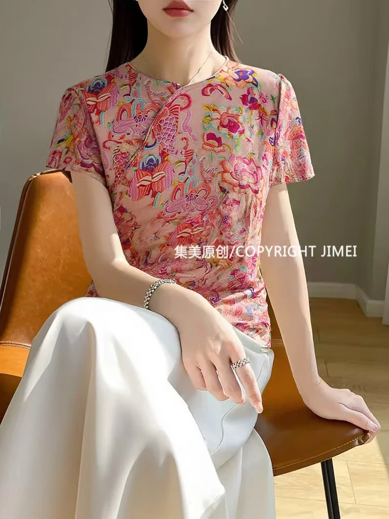 新中式国风女装斜襟小衫上衣提花常规款洋气显瘦夏季圆领薄款无袖