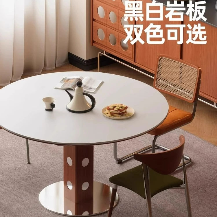 中古风实木岩板家用轻奢餐桌金属波点圆桌北欧现代简约包豪斯饭桌